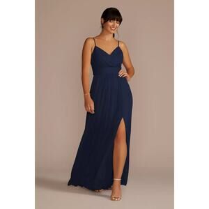 Prom Event Bridesmaid Dress Spaghetti Strap Ruched Waist Mesh Marine Blue Size 4